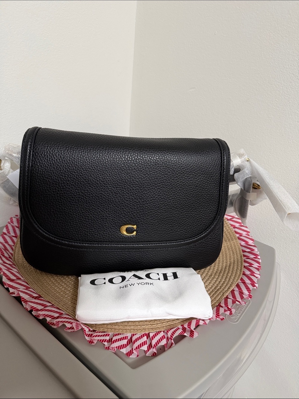 Coach Black Pebbled Leather Crossbody with Gold 'C' Accent double straps